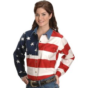 WOMENS RED WHITE AND BLUE STARS AND STRIPES PIECED AMERICAN FLAG LONG SLEEVE WESTERN SNAP SHIRT in Saudi Arabia