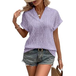 Womens Summer Tops V Neck Short Sleeve Shirts Casual Textured Eyelet Top Dressy Blouses in Saudi Arabia