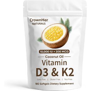 CrownHer Naturals D3 K2, CrownHer Natural Vitamin D3 10000 IU + K2 200 MCG, Vitamin D3 & K2 Coconut Oil Softgels Capsules for Bone, Immune Health, Boosts Energy & Calcium Absorption, 180 Gels (1) in Saudi Arabia