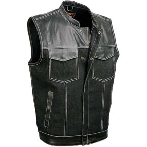 سترة Milwaukee Leather MDM3006 للرجال "Brute" من الدنيم الأسود والجلد الأسود على طراز النادي مع إغلاق مزدوج مخفي in Kuwait