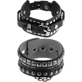 2 Pcs PU Leather Spike Bracelet for Men Women, 80s Vintage Punk Rock Bracelet Gothic Adjustable Black Studded Wristband Emo Accessories for Rocker Outfits in Kuwait