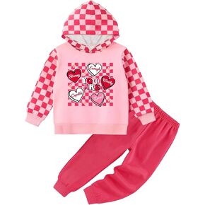 Toddler Girls Hoodie Set - Casual Heart Print kid Sweatsuit Fall Winter Plaid Sweatshirt SweatPant Valentine Outfit in Kuwait