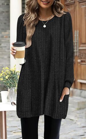 2025 New Long Sleeve Shirts for Women Long Tunic Tops with Legging Light Sweaters Dress with Pockets in Saudi Arabia