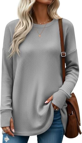 Women's Oversized Waffle Knit Tunic Tops, Long Sleeve Crew Neck Drop Shoulders Shirts with Thumb Hole Loose Blouse in Saudi Arabia