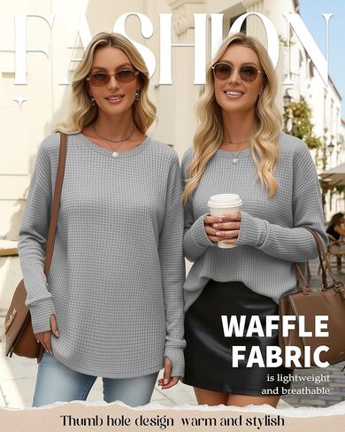 Women's Oversized Waffle Knit Tunic Tops, Long Sleeve Crew Neck Drop Shoulders Shirts with Thumb Hole Loose Blouse in Saudi Arabia
