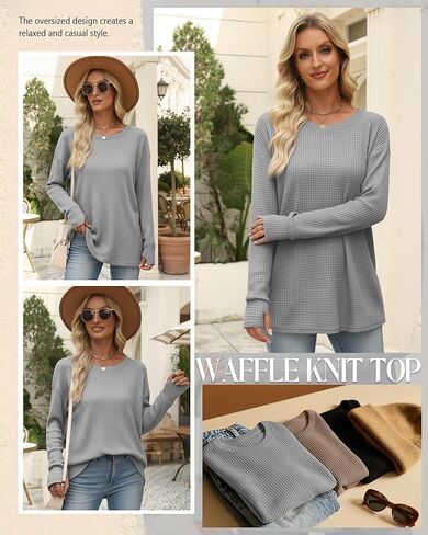 Women's Oversized Waffle Knit Tunic Tops, Long Sleeve Crew Neck Drop Shoulders Shirts with Thumb Hole Loose Blouse in Saudi Arabia