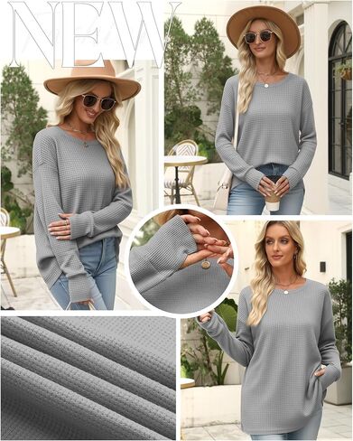 Women's Oversized Waffle Knit Tunic Tops, Long Sleeve Crew Neck Drop Shoulders Shirts with Thumb Hole Loose Blouse in Saudi Arabia