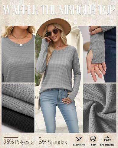 Women's Oversized Waffle Knit Tunic Tops, Long Sleeve Crew Neck Drop Shoulders Shirts with Thumb Hole Loose Blouse in Saudi Arabia