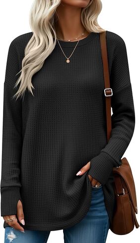 Women's Oversized Waffle Knit Tunic Tops, Long Sleeve Crew Neck Drop Shoulders Shirts with Thumb Hole Loose Blouse in Saudi Arabia