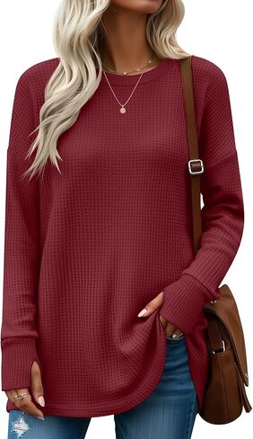 Women's Oversized Waffle Knit Tunic Tops, Long Sleeve Crew Neck Drop Shoulders Shirts with Thumb Hole Loose Blouse in Saudi Arabia