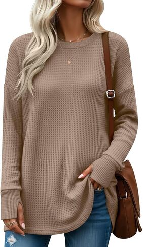 Women's Oversized Waffle Knit Tunic Tops, Long Sleeve Crew Neck Drop Shoulders Shirts with Thumb Hole Loose Blouse in Saudi Arabia