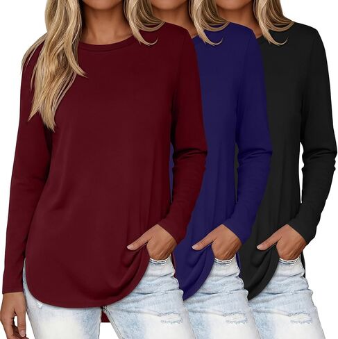3 Pack Women Long Sleeve Shirts Casual Crew Neck Tunic Tops Side Split Curved Hem Loose Fit T-Shirt 2025 Fashion in Saudi Arabia