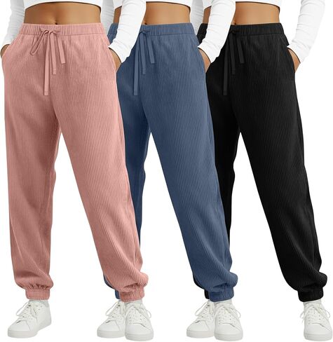 3 Pack Women's Corduroy Pants Joggers Casual Drawstring High Waist Straight Leg Baggy Sweatpants with Pockets in Saudi Arabia