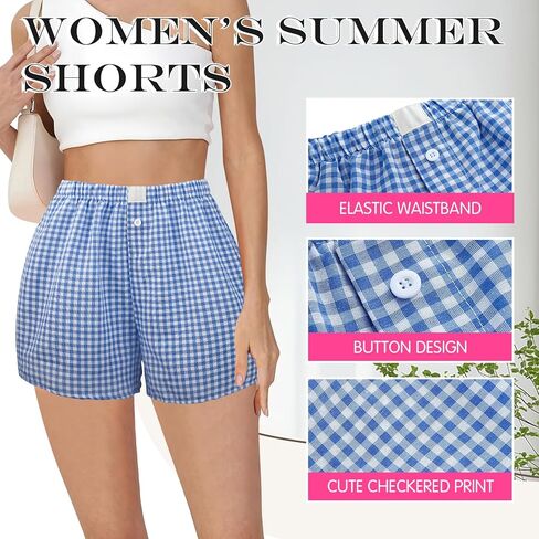 3 Pack Women's Boxer Shorts,Plaid Shorts for Women,Summer Casual Gingham Pajama Lounge Sleep Bottoms,Beach Bottoms (Light Pink, Light Blue, Black) in Saudi Arabia