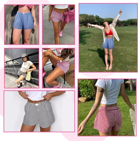 3 Pack Women's Boxer Shorts,Plaid Shorts for Women,Summer Casual Gingham Pajama Lounge Sleep Bottoms,Beach Bottoms (Light Pink, Light Blue, Black) in Saudi Arabia