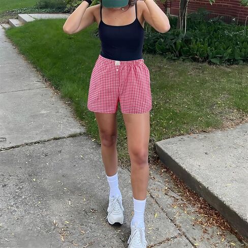 3 Pack Women's Boxer Shorts,Plaid Shorts for Women,Summer Casual Gingham Pajama Lounge Sleep Bottoms,Beach Bottoms (Light Pink, Light Blue, Black) in Saudi Arabia