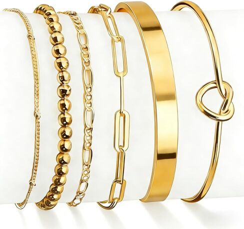 6Pcs Gold Bangle Bracelets for Women 14K Gold Plated Non Tarnish Waterproof Fashion Trendy Stackable Chunky and Thin Bracelet Sets for Women in Saudi Arabia