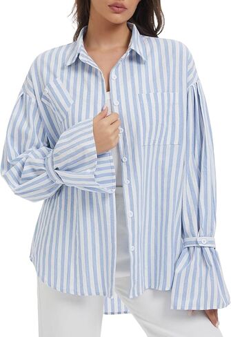 Women Striped Button Down Shirt Casual Oversized Blouse Boyfriend Lantern Sleeves Collared Work Top with Pocket in Saudi Arabia