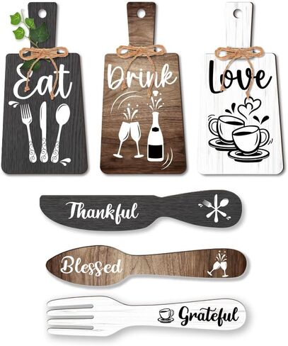 PH PandaHall 6pcs Kitchen Wall Decor Start Drink Sign Set Wood Pendant Accessories Mini Wood Plaque Fork and Spoon Shape Decorations Rustic Style Home Dector Black Brown White 11x5.5 inch/11.8x2 inch in Saudi Arabia