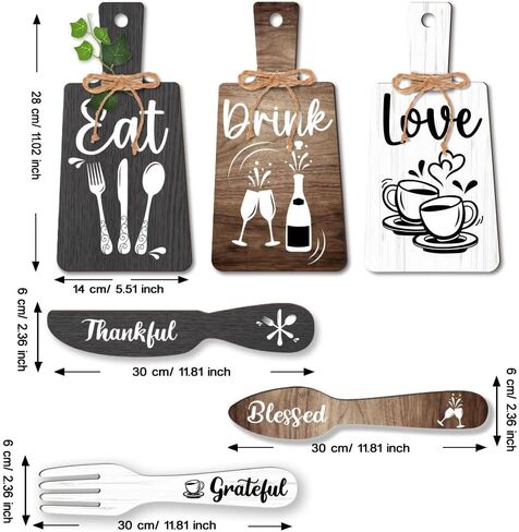 PH PandaHall 6pcs Kitchen Wall Decor Start Drink Sign Set Wood Pendant Accessories Mini Wood Plaque Fork and Spoon Shape Decorations Rustic Style Home Dector Black Brown White 11x5.5 inch/11.8x2 inch in Saudi Arabia