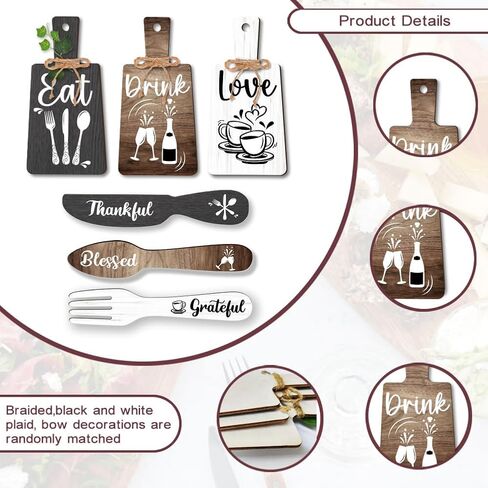 PH PandaHall 6pcs Kitchen Wall Decor Start Drink Sign Set Wood Pendant Accessories Mini Wood Plaque Fork and Spoon Shape Decorations Rustic Style Home Dector Black Brown White 11x5.5 inch/11.8x2 inch in Saudi Arabia