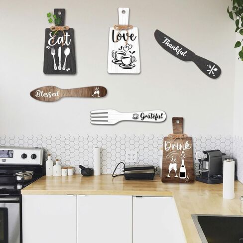 PH PandaHall 6pcs Kitchen Wall Decor Start Drink Sign Set Wood Pendant Accessories Mini Wood Plaque Fork and Spoon Shape Decorations Rustic Style Home Dector Black Brown White 11x5.5 inch/11.8x2 inch in Saudi Arabia