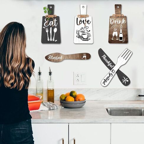 PH PandaHall 6pcs Kitchen Wall Decor Start Drink Sign Set Wood Pendant Accessories Mini Wood Plaque Fork and Spoon Shape Decorations Rustic Style Home Dector Black Brown White 11x5.5 inch/11.8x2 inch in Saudi Arabia