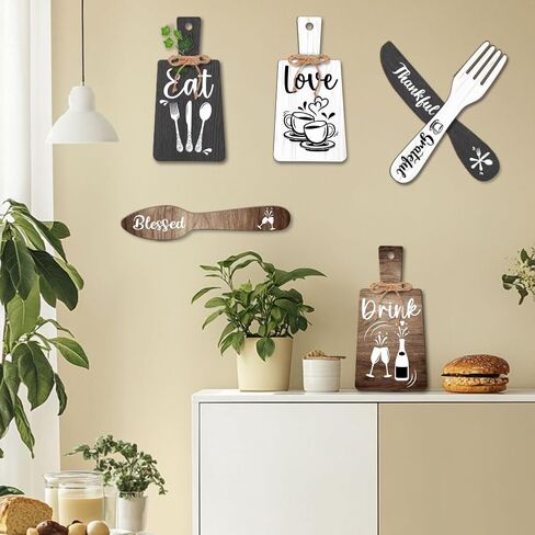 PH PandaHall 6pcs Kitchen Wall Decor Start Drink Sign Set Wood Pendant Accessories Mini Wood Plaque Fork and Spoon Shape Decorations Rustic Style Home Dector Black Brown White 11x5.5 inch/11.8x2 inch in Saudi Arabia