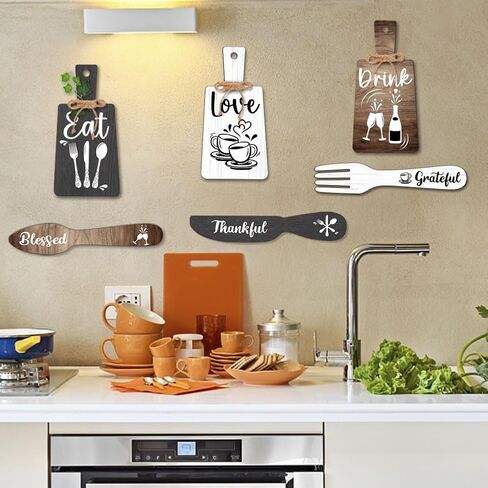 PH PandaHall 6pcs Kitchen Wall Decor Start Drink Sign Set Wood Pendant Accessories Mini Wood Plaque Fork and Spoon Shape Decorations Rustic Style Home Dector Black Brown White 11x5.5 inch/11.8x2 inch in Saudi Arabia