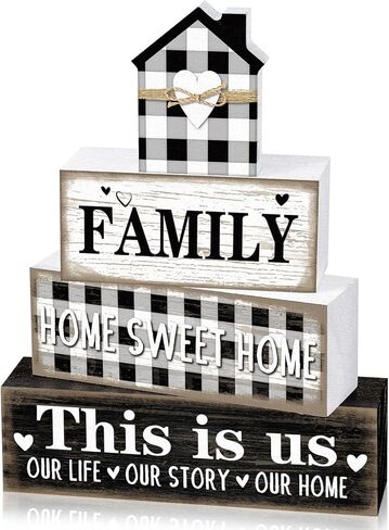Farmhouse Wooden Tabletop Decor Rustic Home Sweet Home Table Centerpieces This Is Us Block Sign Black and White Buffalo Plaid Table Decor for Kitchen Shelf Desk Mantel Tiered Tray Decoration in Saudi Arabia