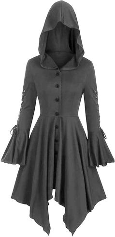 Womens Renaissance Costumes Medieval Cosplay Asymmetrical Cloak Lace Up Vintage Pullover High Low Long Hoodie Dress in Saudi Arabia