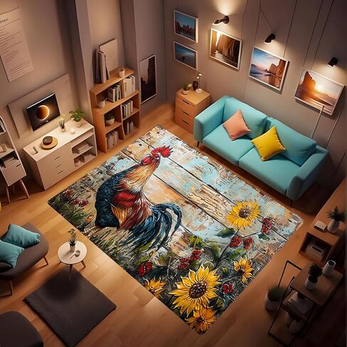 Washable Non-Slip Rooster Rug, Roosters has Bright and Colorful Feathers, just Like Wearing a Gorgeous Coat, Showing its Nobility and Majesty. Vintage Floral Farmhouse Carpet 2' x 3' in Saudi Arabia