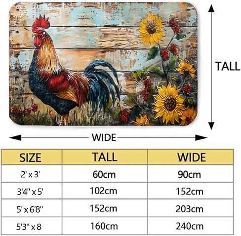 Washable Non-Slip Rooster Rug, Roosters has Bright and Colorful Feathers, just Like Wearing a Gorgeous Coat, Showing its Nobility and Majesty. Vintage Floral Farmhouse Carpet 2' x 3' in Saudi Arabia