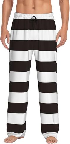 Black and White Horizontal Stripes Pajama Pants for Mens Elastic Waistband Sleep Pajama Lounge Pant with Pockets & Drawstring in Saudi Arabia