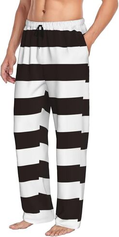 Black and White Horizontal Stripes Pajama Pants for Mens Elastic Waistband Sleep Pajama Lounge Pant with Pockets & Drawstring in Saudi Arabia