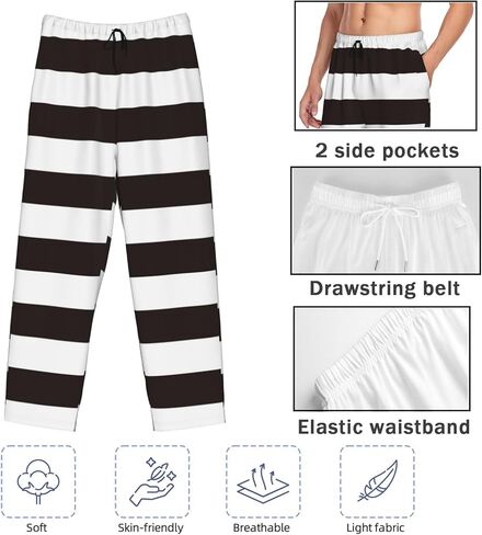 Black and White Horizontal Stripes Pajama Pants for Mens Elastic Waistband Sleep Pajama Lounge Pant with Pockets & Drawstring in Saudi Arabia