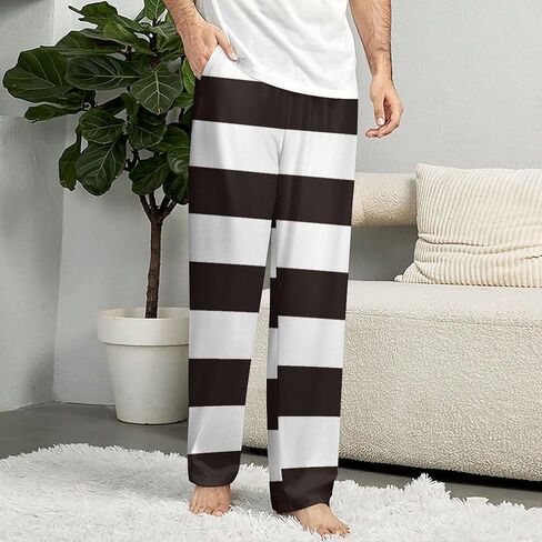 Black and White Horizontal Stripes Pajama Pants for Mens Elastic Waistband Sleep Pajama Lounge Pant with Pockets & Drawstring in Saudi Arabia