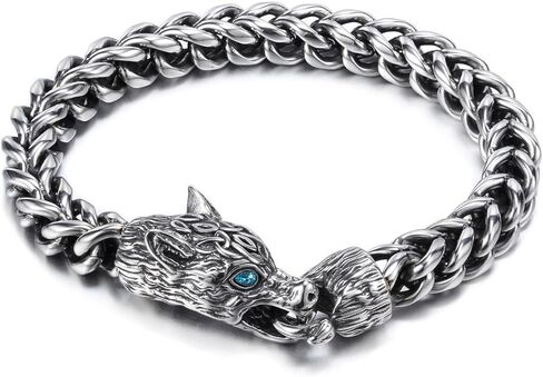 Mens Bracelet, Silver Mens Bangle Hand Wrist Stainless Steel Braclets Link, Retro Punk Hip Hop Gothic Wolf Snake Eagle Dragon Skull Octopus Chain Trendy Cool Personalized Unique Hypoallergenic Dainty Black Chunky Jewelry For Women Non Tarnish Waterproof in Saudi Arabia