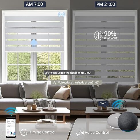 ستائر حمار وحشي آلية مع جهاز تحكم عن بعد، ظلال ذكية مزدوجة الطبقة متوافقة مع Alexa، ستائر أفقية لتعتيم الغرفة تلقائيًا للنوافذ الداخلية، حجم مخصص (تعتيم الغرفة باللون الأبيض الرمادي) in Kuwait