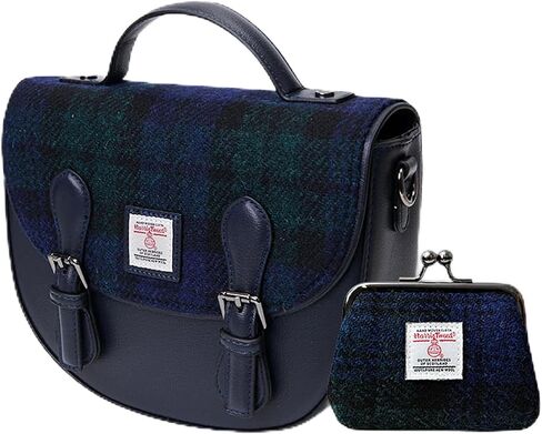 مجموعة Islander من حقيبة Harris Tweed Mini Cobble Satchel ومحفظة العملات المعدنية (الترتان الأزرق الكستنائي) in Kuwait