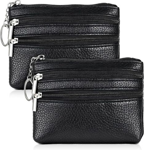 2 Pack Black PU Leather Mini Coin Purse Pouch 3 Zippers Change Card Holder Small Wallet with Keychain Mini Compact Travel Leather Change Purse for Women and Men in Saudi Arabia