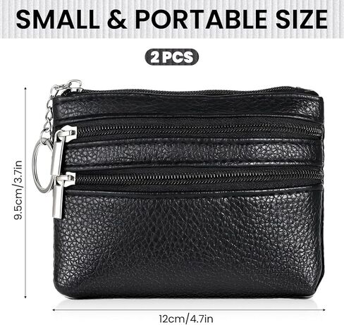 2 Pack Black PU Leather Mini Coin Purse Pouch 3 Zippers Change Card Holder Small Wallet with Keychain Mini Compact Travel Leather Change Purse for Women and Men in Saudi Arabia