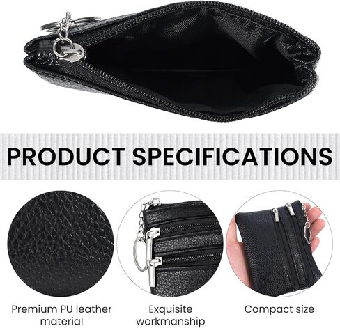 2 Pack Black PU Leather Mini Coin Purse Pouch 3 Zippers Change Card Holder Small Wallet with Keychain Mini Compact Travel Leather Change Purse for Women and Men in Saudi Arabia
