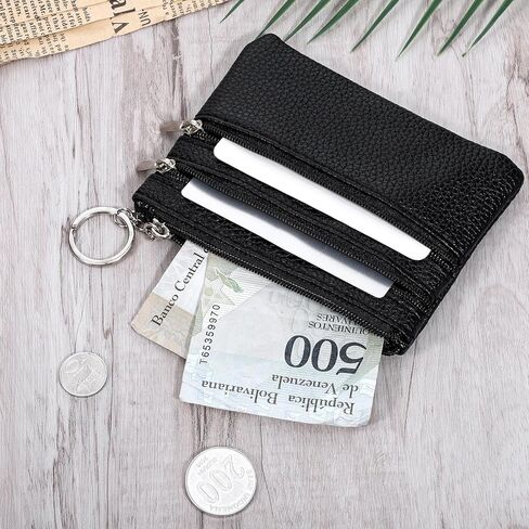 2 Pack Black PU Leather Mini Coin Purse Pouch 3 Zippers Change Card Holder Small Wallet with Keychain Mini Compact Travel Leather Change Purse for Women and Men in Saudi Arabia