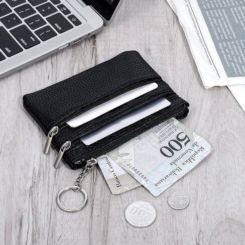 2 Pack Black PU Leather Mini Coin Purse Pouch 3 Zippers Change Card Holder Small Wallet with Keychain Mini Compact Travel Leather Change Purse for Women and Men in Saudi Arabia