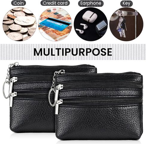2 Pack Black PU Leather Mini Coin Purse Pouch 3 Zippers Change Card Holder Small Wallet with Keychain Mini Compact Travel Leather Change Purse for Women and Men in Saudi Arabia