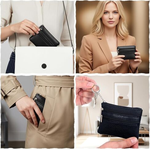 2 Pack Black PU Leather Mini Coin Purse Pouch 3 Zippers Change Card Holder Small Wallet with Keychain Mini Compact Travel Leather Change Purse for Women and Men in Saudi Arabia