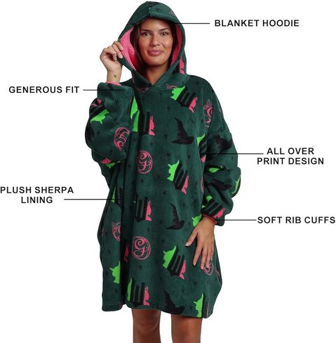 Bioworld Wicked Part 1 Witch & Glinda Seal All-Over Print Adult Green Long Sleeve Comfy Hooded Blanket in Saudi Arabia