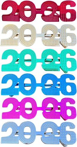 6 Pack of 2025 New Year's Crystal/Glitter/Solid/Metallic Plastic Party Glasses Celebration Eyeglasses in Kuwait