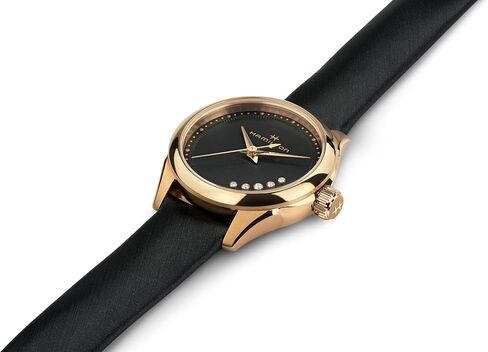 Hamilton Jazzmaster Lady Quartz Women's Watch, 26mm Stainless Steel Case, Swiss Made, Black Dial Analog Wrist Watch for Women, 50m Waterproof, Sapphire Crystal, Satin Strap in Saudi Arabia
